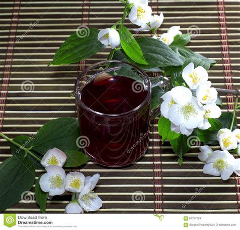 Drink Of The Tea Decorated With A Flower Branch A Still Life Stock