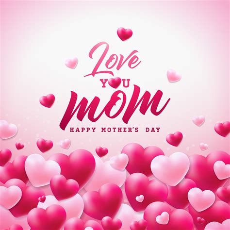 happy mothers day greeting card design with heart and love you mom typographic elements on white