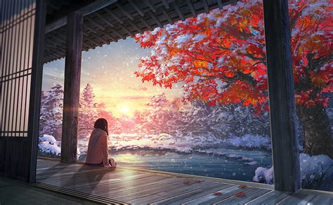 Hd Wallpaper Maple Leaf Snow Chill Out Anime Girls