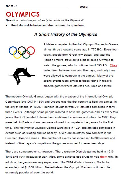 Olympics All Things Topics Reading Comprehension Lessons Reading