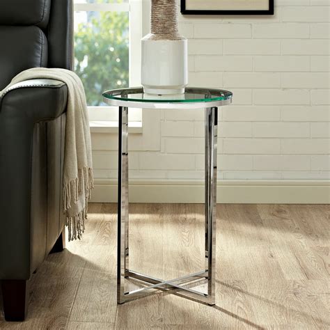 Ember Interiors Modern Glam Round End Table Glass Chrome