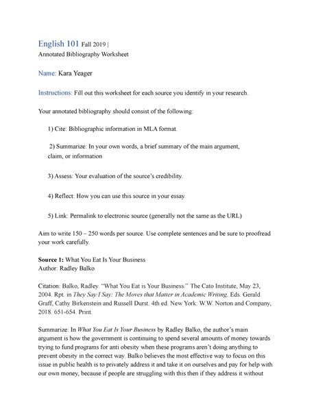 Annotated Bibliography Worksheet 2 English 101fall 2019 Annotated