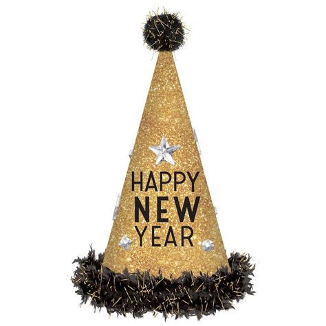 Happy New Year Tall Cone Shaped Hats Black And Gold Glittered Foil With