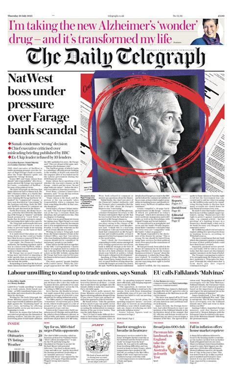 Daily Telegraph Front Page 20th Of July 2023 Tomorrows Papers Today