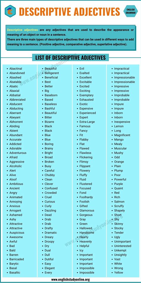 Descriptive Adjectives Chart