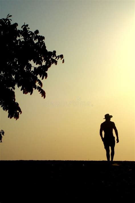 Sunset Stroll Silhouette Of A Young Man With Straw Hat Walking Beside