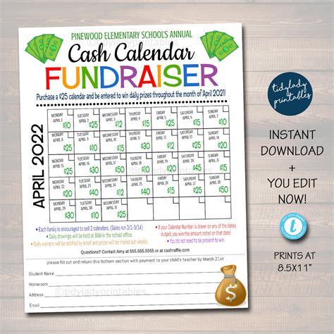 Cash Calendar Fundraiser Flyer Printable Handout Take Home Etsy Ireland