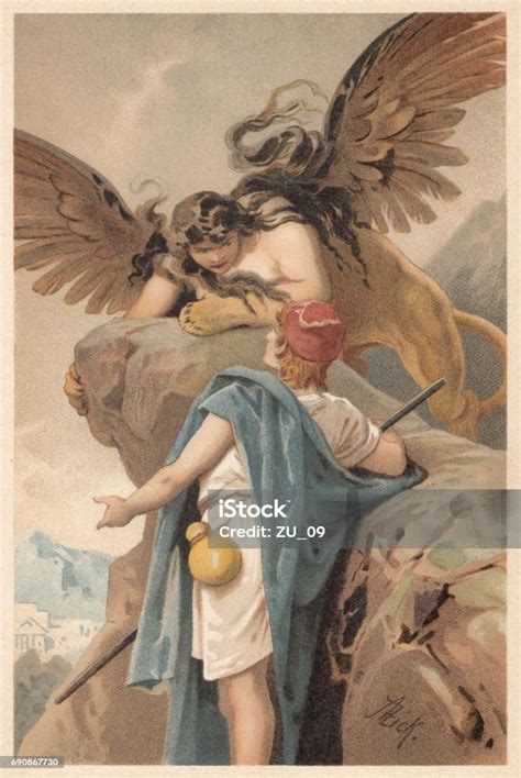 Oedipus And The Sphinx Greek Mythology Lithograph Published In 1897 Stock Illustration