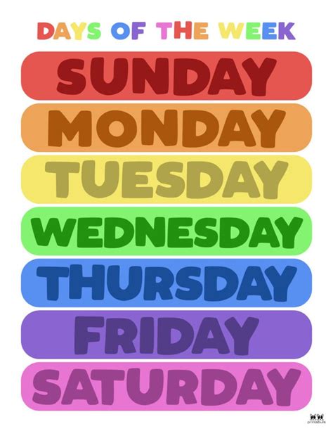 The Days Of The Week Poster With Different Colors And Font On Its Side
