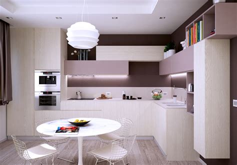 A quirky arrangement of wall cabinets makes the kitchen area appear