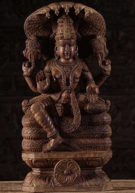 Sold Wooden Vishnu Seated On Ananta Shesha 24 96w1ba Hindu Gods