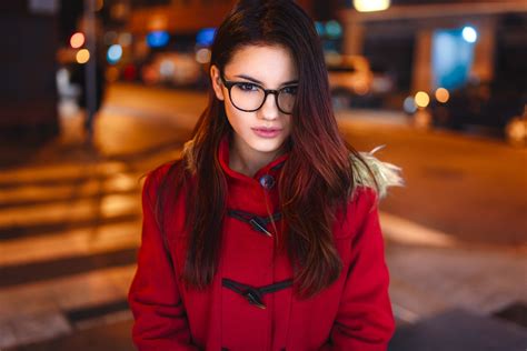 Women Model Portrait Depth Of Field Street Women With Glasses Brunette Glasses Red