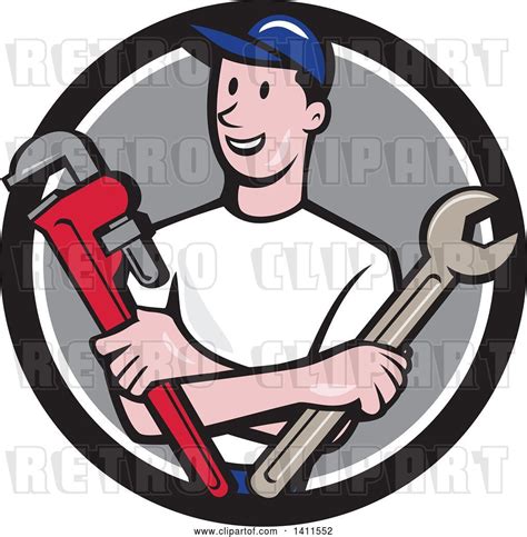 Vector Clip Art Of Retro Cartoon White Male Plumber Mechanic Or
