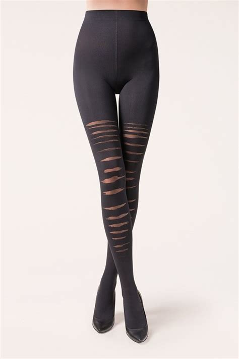 Ladies Black Tights Pantyhose With Mock Ripped Pattern Etsy