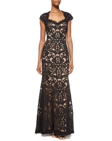 Tadashi Shoji Cap Sleeve Cutout Back Lace Gown Black Nude