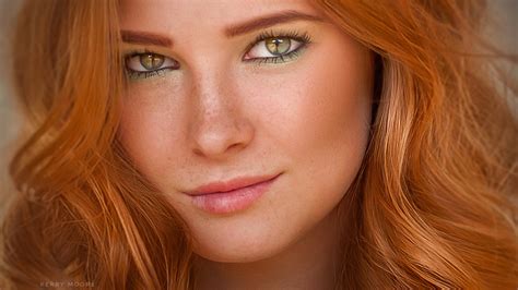 Kerry Moore Women Redhead Freckles Wavy Hair Looking At Viewer Green Eyes Portrait