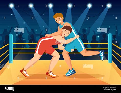 Wrestling Illustration With Two Fighters Boxing Competition Or