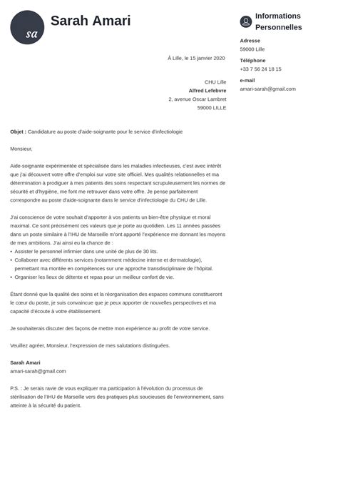Exemple lettre de motivation aidesoignante (Ehpad, hôpital)