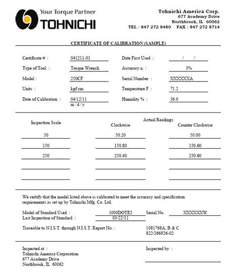 Tohnichi Nist Certificate Of Calibration Tnist