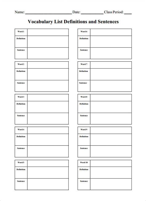 Printable Blank Vocabulary Worksheet Template Printable Templates