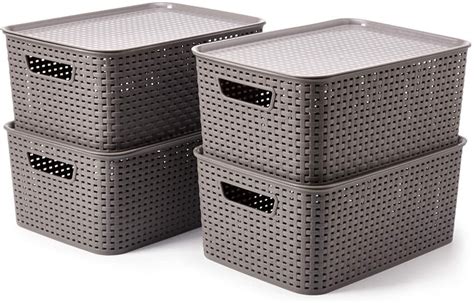 Ezoware Large Plastic Baskets With Lid Stackable Lidded Knit Household