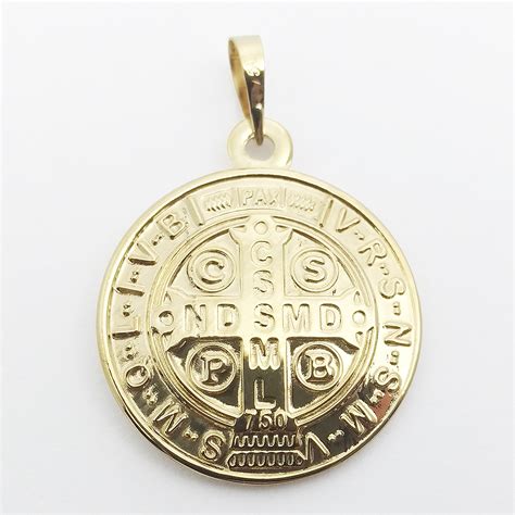 Medalha de São Bento com Placa Dupla Grande em Ouro 18K Ouro Aliança