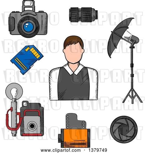 Vector Clip Art Of Retro Sketched Photographer And Accessories By