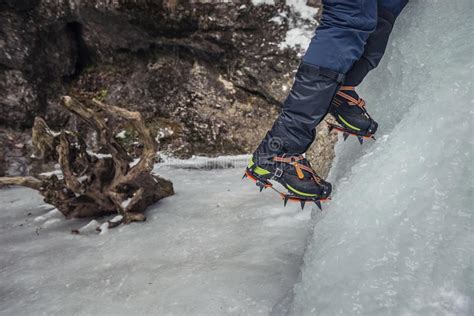 Climber On A Frozen Waterfall Crampons Close Up On His Feet Ice