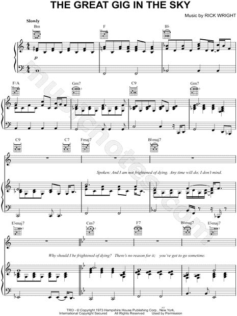 Pink Floyd The Great Gig In The Sky Sheet Music In A Minor