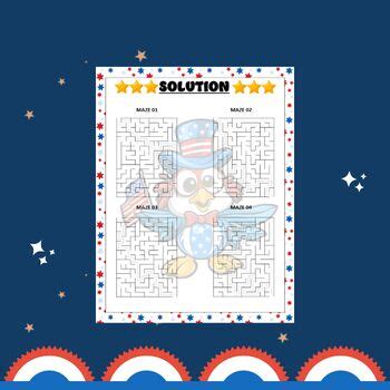 Printable Independence Day Easy Mazes Puzzles With Solutions 4th July