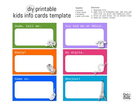 Free blank card templates can be created using a word processing program that is installed in the computer. DIY Printable Kids Info Cards Template