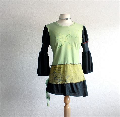 Upcycled Clothing Womens Green Shirt Black Recycled Top