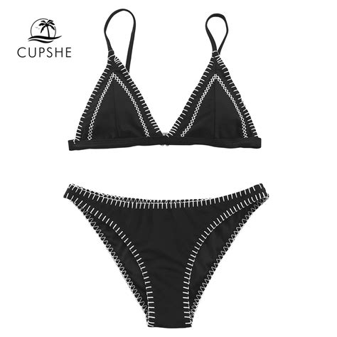 cupshe black and white triangle bikini set women patchwork back hook sexy thong bikini swimwear