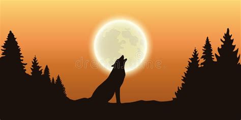Wolf Howls At The Full Moon In Forest Orange Sky Stock Vector