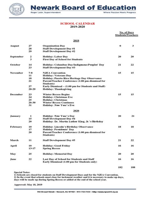 Newark Public Schools Calendar Sy 2019 2020 Holidays Traditions