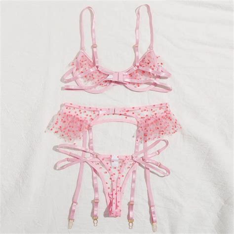 Porno Sexy Lingerie Set Open Bra Thong Garter Womens Underwear Pink