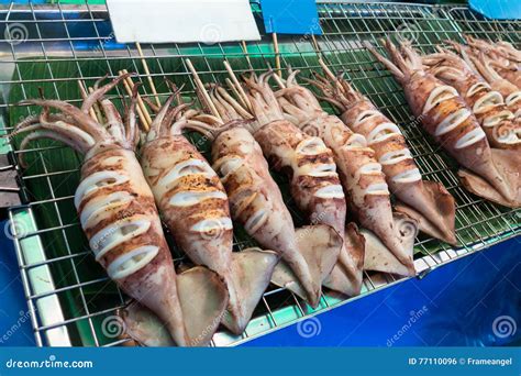 Grilled Squid In The Market Traditional Seafood In Thailand Stock