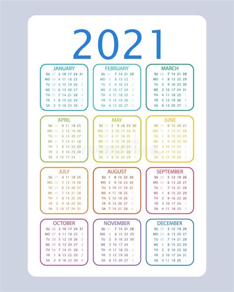 Calendario De 2021 La Semana Comienza El Domingo En Blanco Ilustración Del Vector