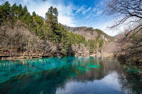 Beautiful Crystal Clear Water Lake View In Jiuzhaigou Stock Photo