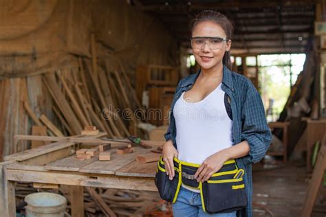 Carpenter Woman Is Working In A Woodworking Officeworker Portrait Asian Female Carpenter