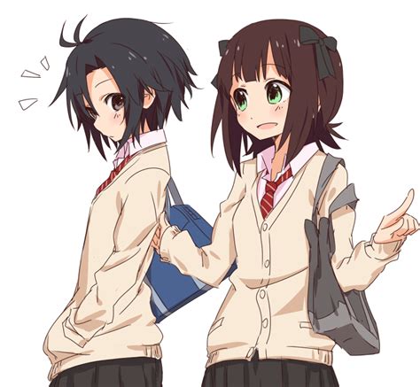 Safebooru 2girls Amami Haruka Antenna Hair Bag Black Hair Brown Hair Cardigan Ekusiregaia Hair