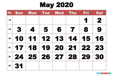 The 2021 calendar is automatically generated and can always be visited online. Free Printable May 2020 Calendar with Week Numbers