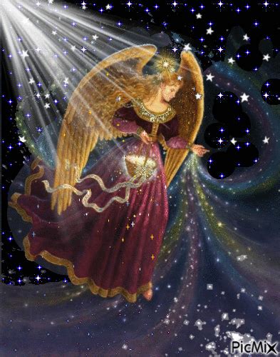 An Angel With Gold Wings And Red Dress Is Flying Through The Night Sky