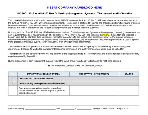 As 9100 D Over Iso 9001 Audit Checklist Sample