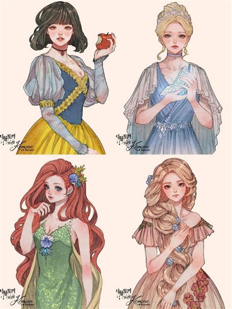 Four Different Princesses With Long Hair And Dresses One Is Holding An