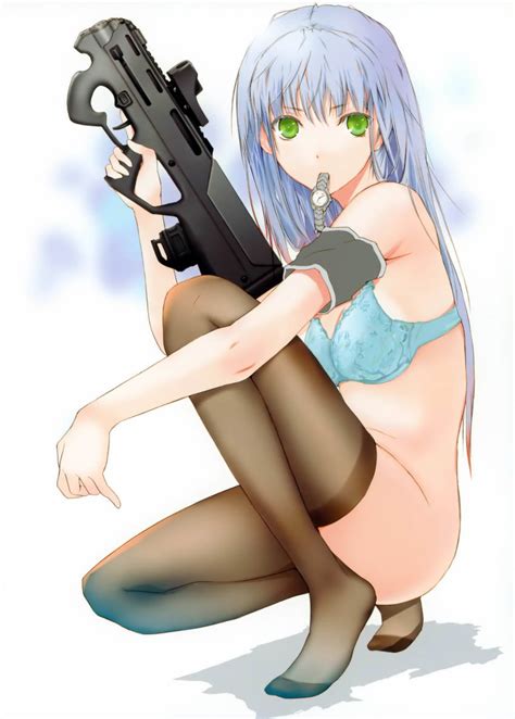 Fuyuno Haruaki Magpul Original Absurdres Highres 1girl Assault Rifle Blue Bra Blue Hair