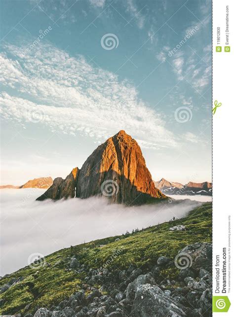 Sunset Mountain Peak Landscape Over Clouds View Stock Photo Image Of