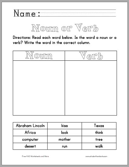 Look at all the words in the grid and color the boxes that contain verbs red and the boxes that contain nouns blue. Verb or Noun Chart Worksheet | Student Handouts
