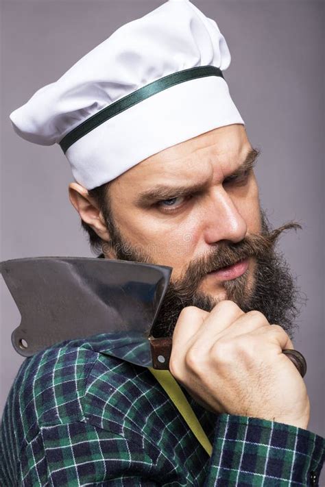 Studio Shot Angry Bearded Man Holding Butcher Knife Stock Photos Free