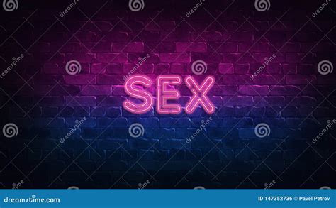 Sex Neon Sign Purple And Blue Glow Neon Text Brick Wall Lit By Neon Lamps Night Lighting On